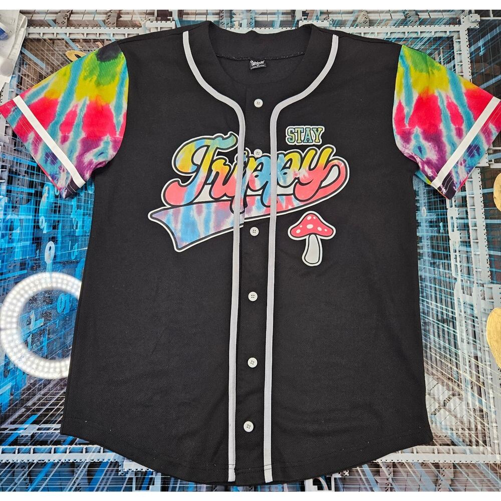 Spencers Shirt unisex Medium Tie Dye Mushroom Stay Trippy Henley Button Up